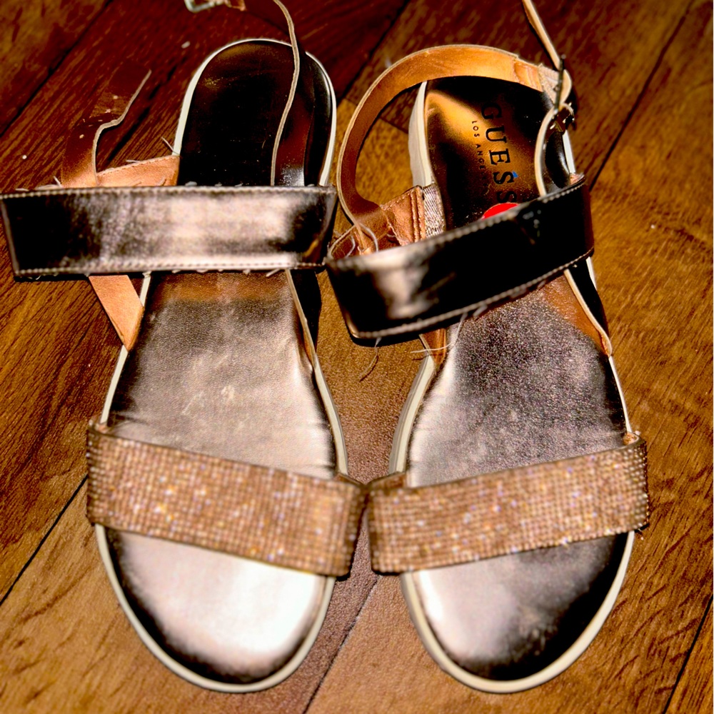 Guess Los Angeles pewter bejeweled strappy flat sandals